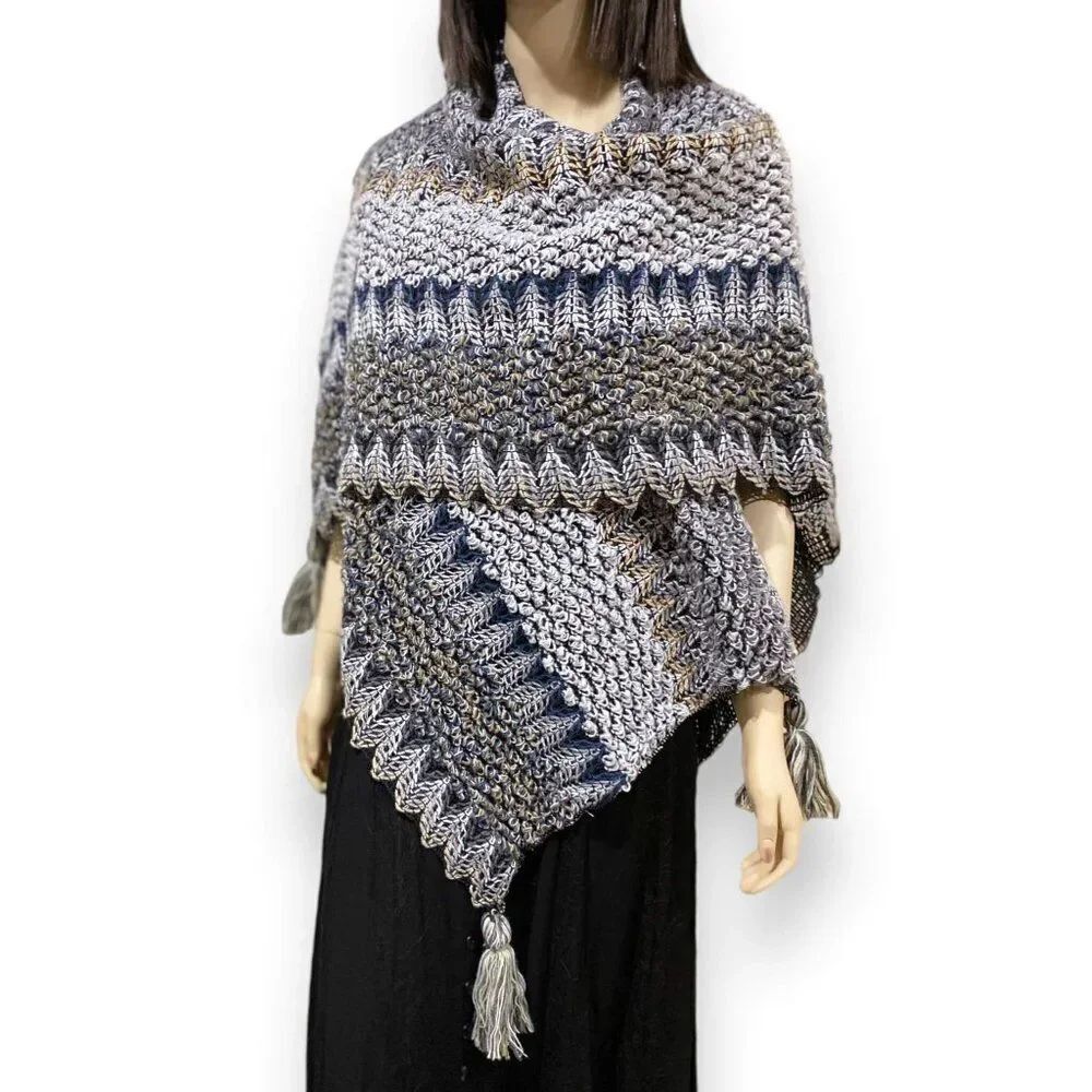 Multicolor Cozy Knit Tassel Trim Ponchos Wrap - NEW